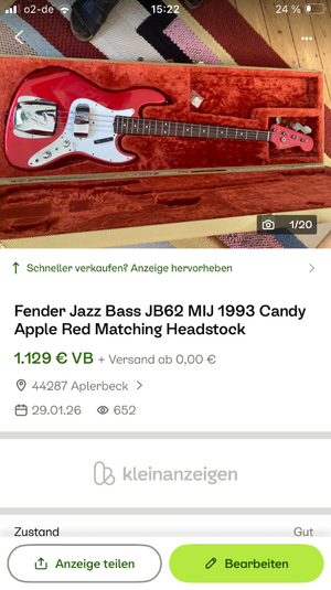 Fender Jazz Bass JB62 MIJ 1993 Candy Apple Red Matching Headstock