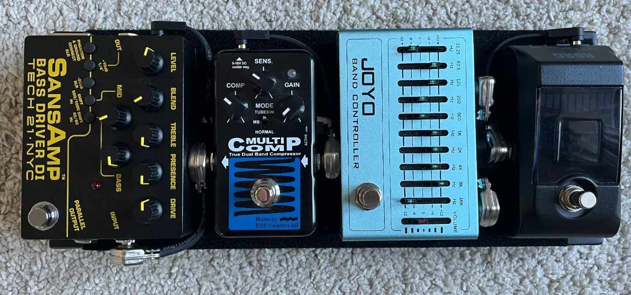Bass Pedalboard: Sansamp, EBS MultiComp, Joyo EQ, Korg Pitchblack