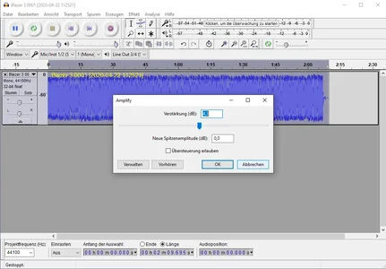 02-Ermittlung der Peak-Amplitude über Verstärken-Popup, hier -4,3 dB. Danach Abbrechen klicken.png 02-Ermittlung der Peak-Amplitude über Verstärken-Popup, hier -4,3 dB. Danach Abbrechen klicken.png