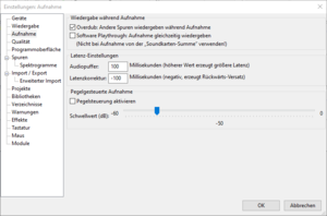 03-Aufnahmeeinstellungen, Software-Playthrough muss aus sein, Ersteinstellung Latenzkorrektur ...png