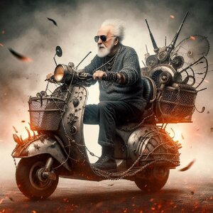 eine heavy metal fan in einem senioren roller.jpeg