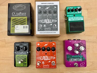 EBS OctaBass SE :: emma Discumbobulator :: crazy tube circuits Locomotive :: DigiTech Bass Synth Wah