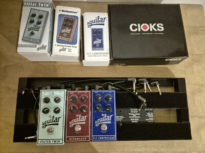 Pedalboard (Pedaltrain PT-Mini-SC, Cioks DC5 Link, Aguilar TLC, Octamizer und Filter Twin)
